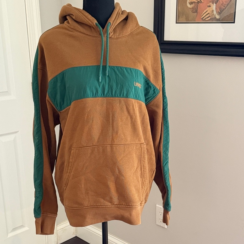 Levi’s Men’s Pullover Hoodie Brown Green Colorblock Sweatshirt Size Medium M - Picture 2 of 8